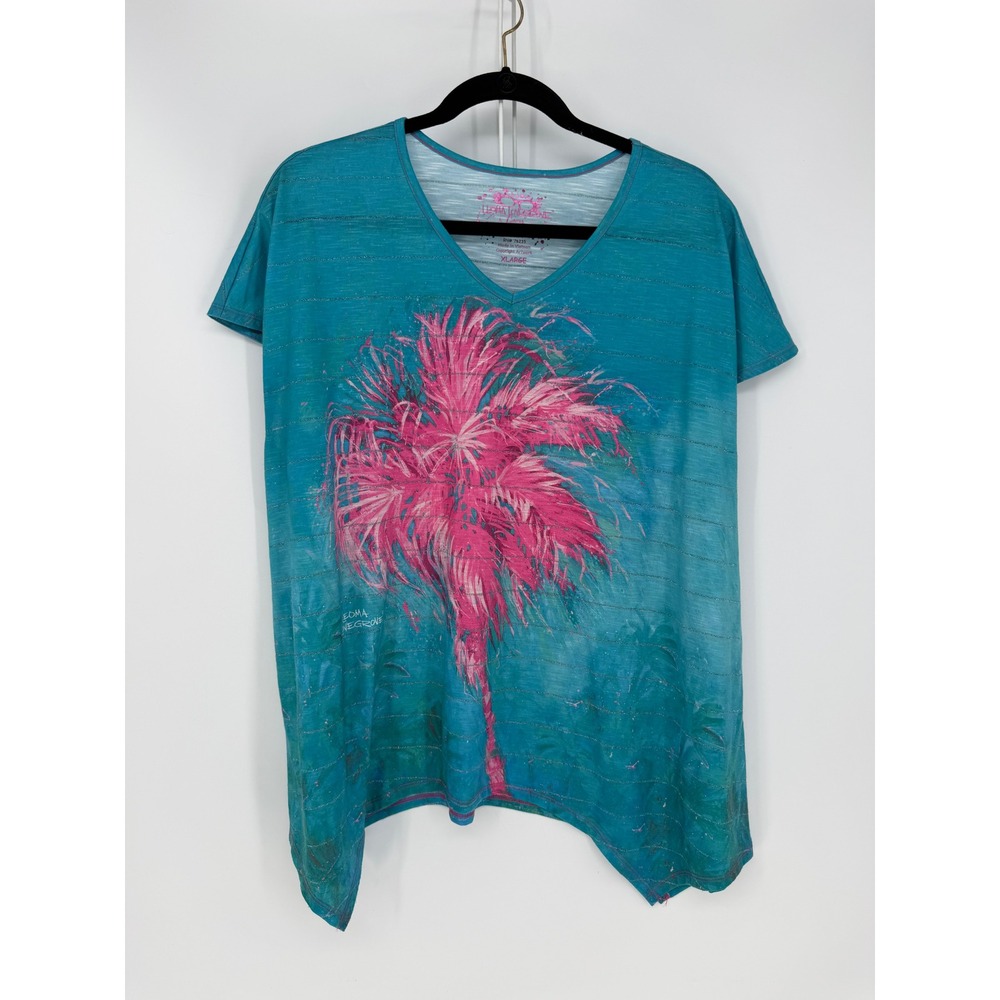Leoma Lovegrove T-Shirt Womens XL Teal Pink Palm Tree Metallic Art Tee Coastal
